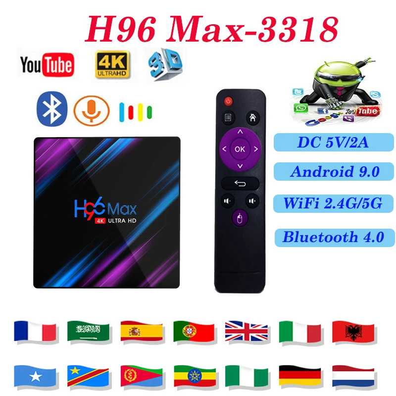 

Android 9.0 TV smart H96 MAX 3318 4GB 64GB 3318 USB3.0 Built in 2.4G /5G 3D 4K support iptv m3u subscription Media player