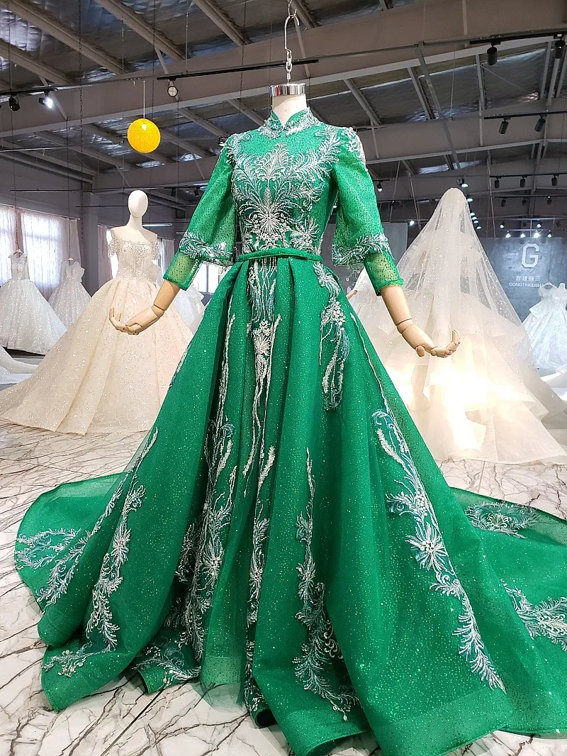 Дубай Vestidos De Festa изумрудно-зеленое вечернее платье с блестками со съемным шлейфом Саудовская Арабская мусульманская женская официальная одежда