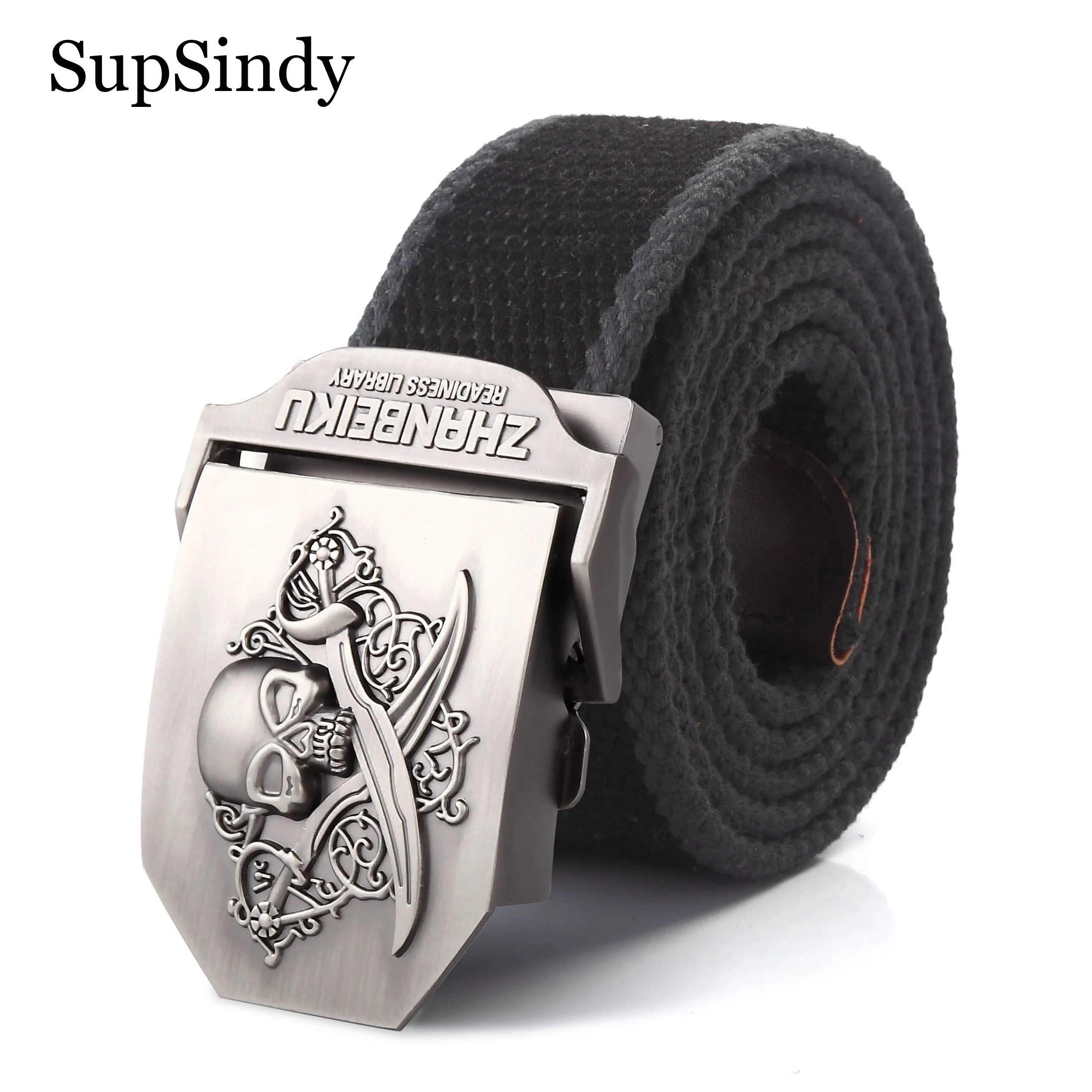 

SupSindy Men Canvas Belt Pirate Skull Metal Buckle Army Military Tactical Belts for Men Fashion Jeans Waistband Male Strap Black