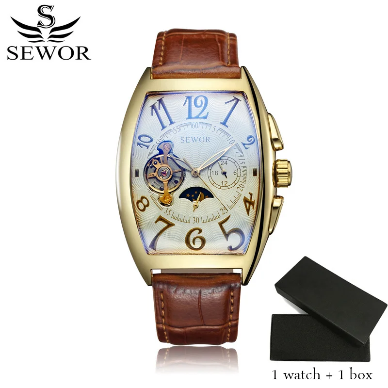 Часы SEWOR механические автоматические с кожаным браслетом Moon Phase мужские