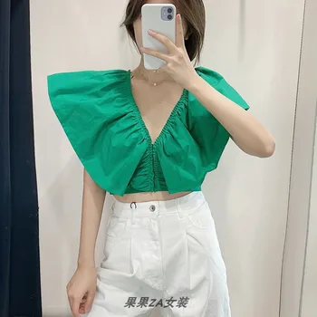 

2020 New Shirts Women Summer Solid Color Cotton Wild Europe Ladies Blouses and Tops Fashion V Neck Women Clothing