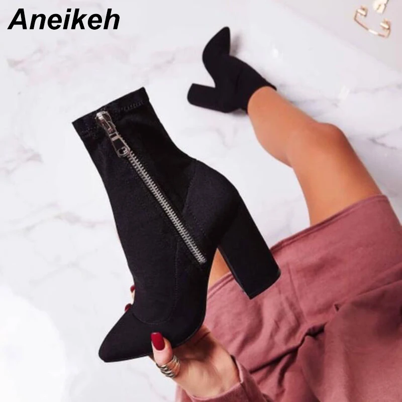 

Aneikeh 2019 Concise Flock Boots Women Zip Solid Pointed Toe Square High Heel Wedding Nightclub Platform Ankle Boots Black 35-42