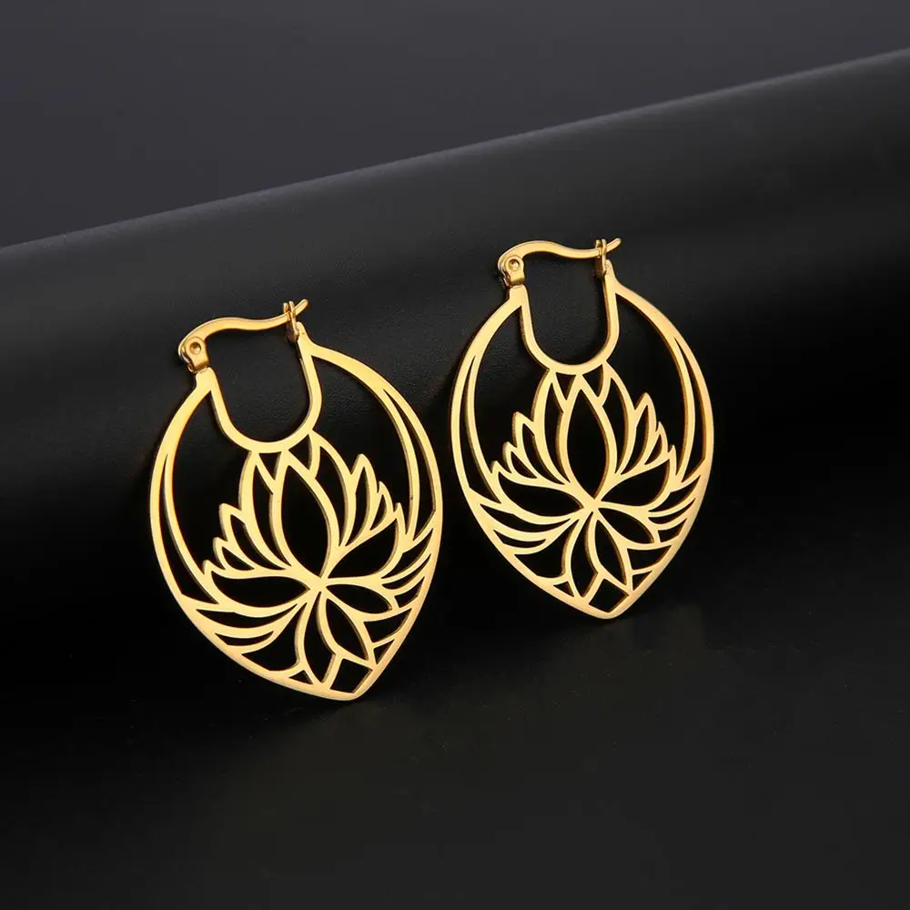 Skyrim Fashion Flower Lotus Hoop Earrings Stainless Steel Gold Color Boho Big Drop Earring Jewelry Gift for Women Female 2021