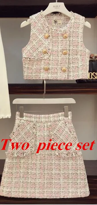 2 pieces set Милый розовый твидовый в клетку 2/3 шт. комплект осень зима твидовый пуговица кисточкой короткий жилет+ белый свитер+ карман мини шерсть юбка комплект - Цвет: 2 pieces set