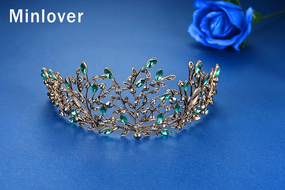 Minlover зеленая Маркиза Форма Кристалл Свадебные Короны Диадемы Свадебные аксессуары для волос для женщин принцесса диадема обруч в форме листьев HG199