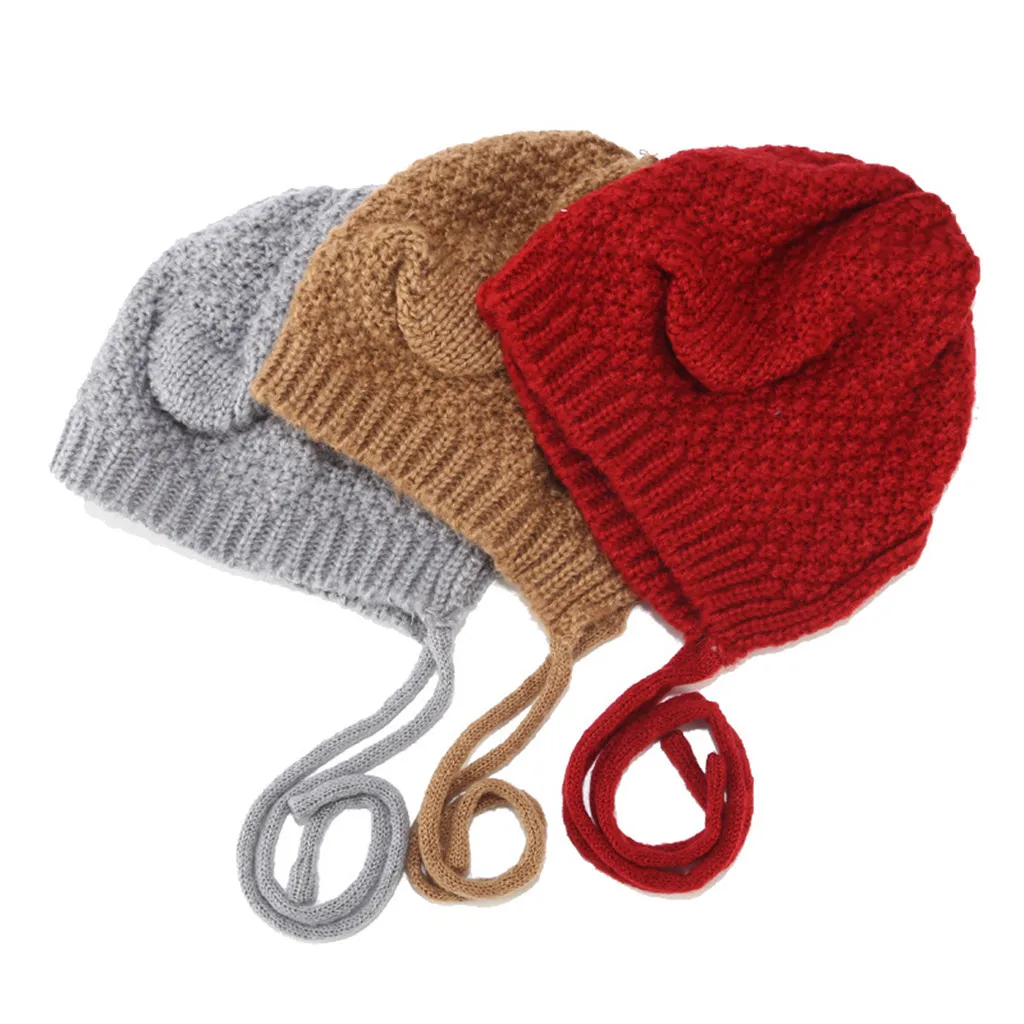 Вязанная женская шапка, вязанная шапка, модная женская зимняя вязанная шапка, комплект с ушами, Толстая теплая одноцветная шапка-ушанка, женская шапка