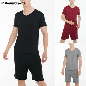 

INCERUN Men Pajamas Sets Homewear Leisure Breathable Short Sleeve V Neck Tops & Shorts Solid Nightgown Men Sleepwear Sets 2020