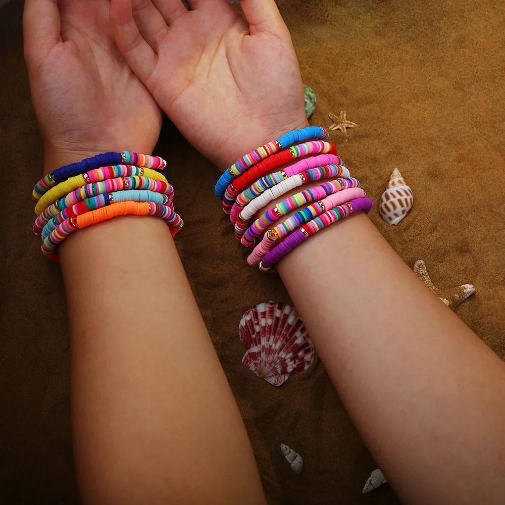 Boderier Heishi Bracelet Set Stack Rainbow Vinyl Disc Bead Surfer Stretch Bracelet Summer Beach Bracelet Jewelry