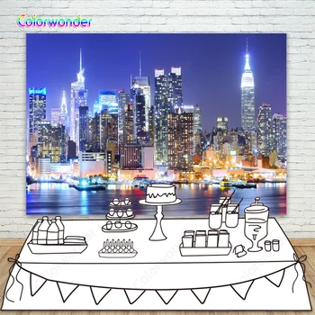 

New York City Backdrop Manhattan Night Scene Skyscraper Urban Light Skyline Background Photo Studio Porps Photocall Photophone