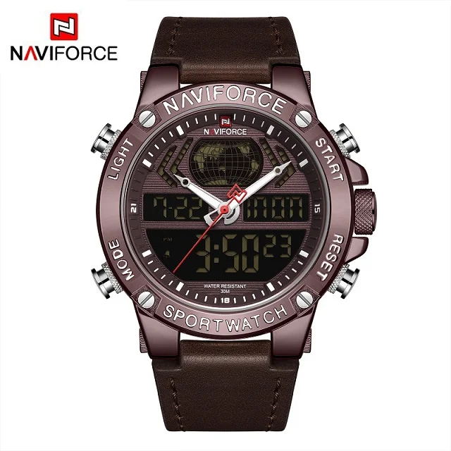 NAVIFORCE часы мужские Топ люксовый бренд кожа водонепроницаемые спортивные мужские часы кварцевые аналоговые цифровые часы мужские Relogio Masculino - Цвет: Coffee