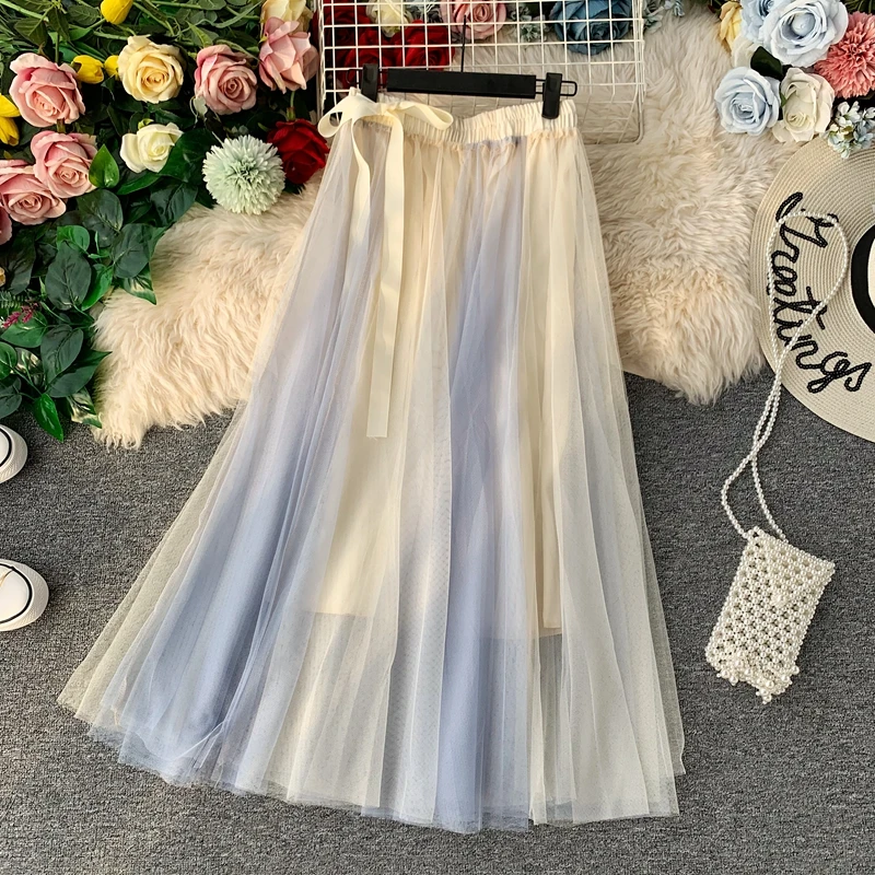 white blue Корейская женская фатиновая юбка для взрослых, многослойная длинная Плиссированная Юбка-пачка, кружевная юбка-американка трапециевидной формы с бантом для девочек, вечерние юбки макси черного цвета - Цвет: white blue