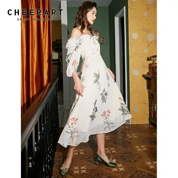 

CHEERART Ruffle Floral Flowy Chiffon Dress Women Square Neck Summer Long Midi Dress Casual Korean Style 2020 Sundress