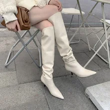 

Big Size34-43 Knee High Platform Boots Women 2021 Cow Leather Pointed Toe Chunky Boots Elegant Thin Kitten Heel Winter Shoes