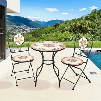 

NEW 3Pcs/Set Garden Furniture Dining Set Iron Floral Pattern Design Bistro Patio Set Round Table and 2XFoldable Chairs