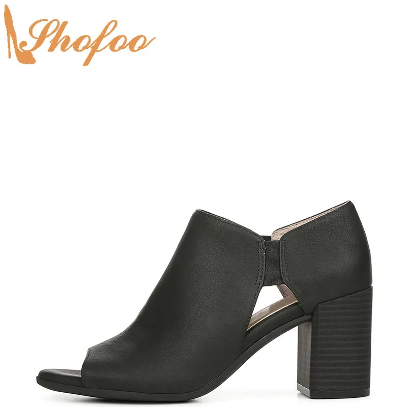 

Black Cutout Ankle Boots High Chunky Heels Peep Toe Booties Woman Large Size 12 15 Ladies Fashion Flock Mature Sexy Shoes Shofoo