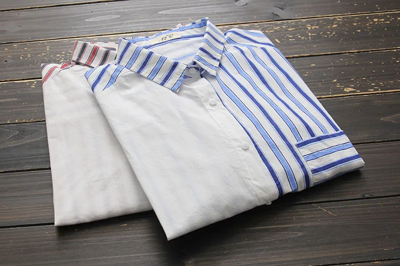Короткая Лоскутная полосатая рубашка для женщин уличная работа Blusas отложной воротник с длинным рукавом Осень нерегулярные блузки синий карман
