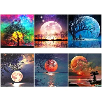 

6 Pack Full Drill Diamond DIY Painting Set, Full Diamond Rhinestone Moon Diamond Picture Home Wall Decoration (Canvas 30.48 x 30