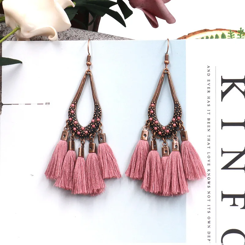 Богемные модные плетеные длинные Подвесные серьги с кисточками из хлопка
