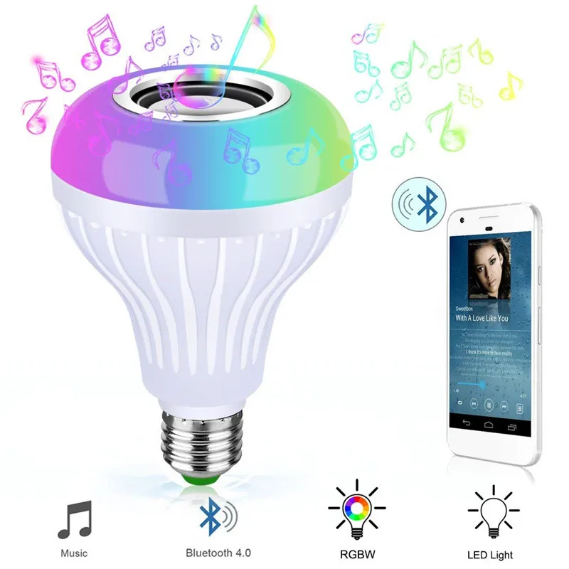 

RGBW 12W Smart Ampoule LED Bulb Audio Wireless Bluetooth Speaker Music Playing Dimmable Lamp E27 with 24 keys Remote Control
