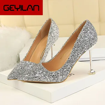 

2019 Women Sexy Glitter Stripper Bling Pumps 9.5cm High Heels Heels Female Wedding Bridal Silver Bright Prom Scarpins Shoes