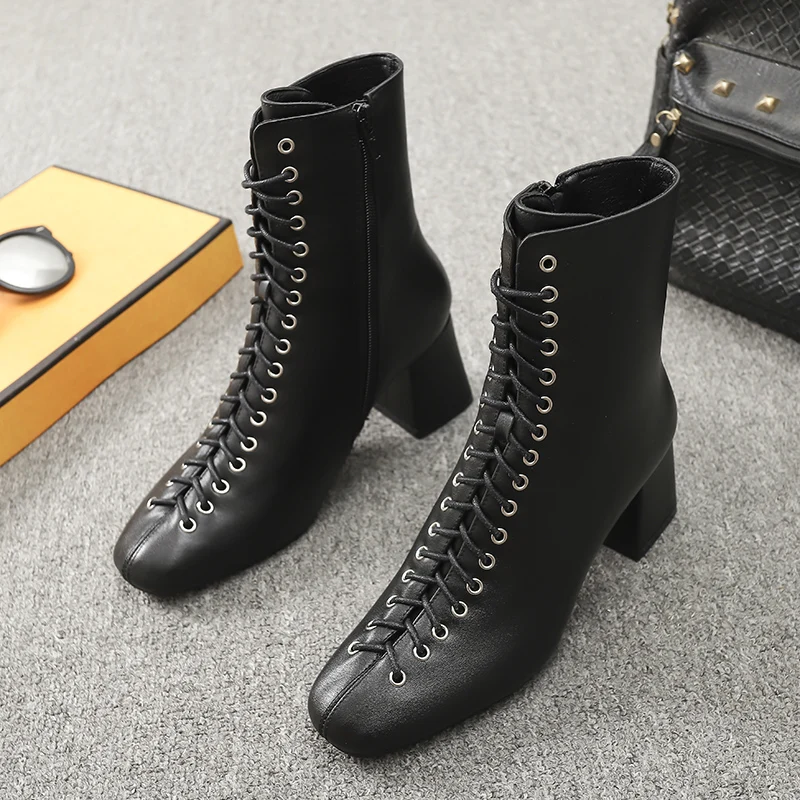 

Real Genuine Leather Ankle Boots for Women Sheepskin Lace Up Modern Martin Boots Black Boots Block High Heel Booties Shoes P238