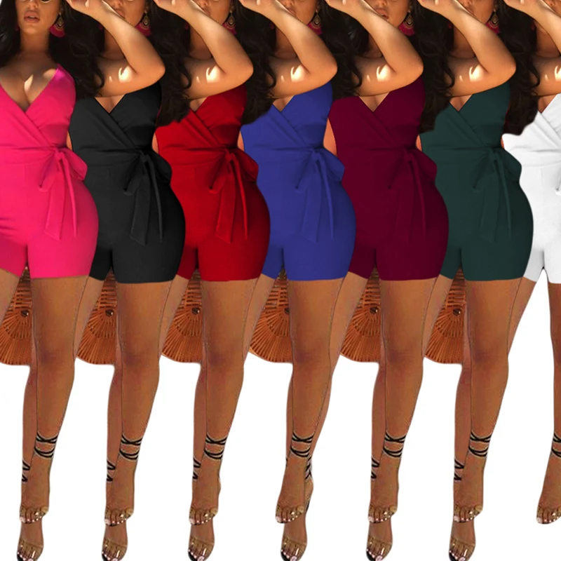 

BKLD 2021 Streetwear Women Fashion Casual Halter Sleeveless Rompers Shorts Deep V Neck Lace-up Slim Solid Color Jumpsuit Outfits