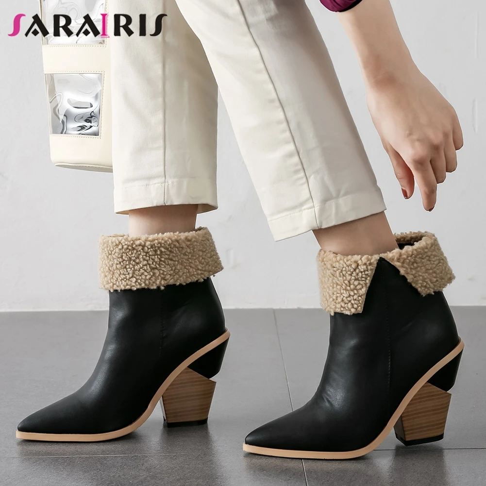 

SARAIRIS New Big Size 34-43 Brand Pointed Toe Booties Ladies Winter Warm Chelsea Boots 2019 High Chunky Heels Shoes Woman
