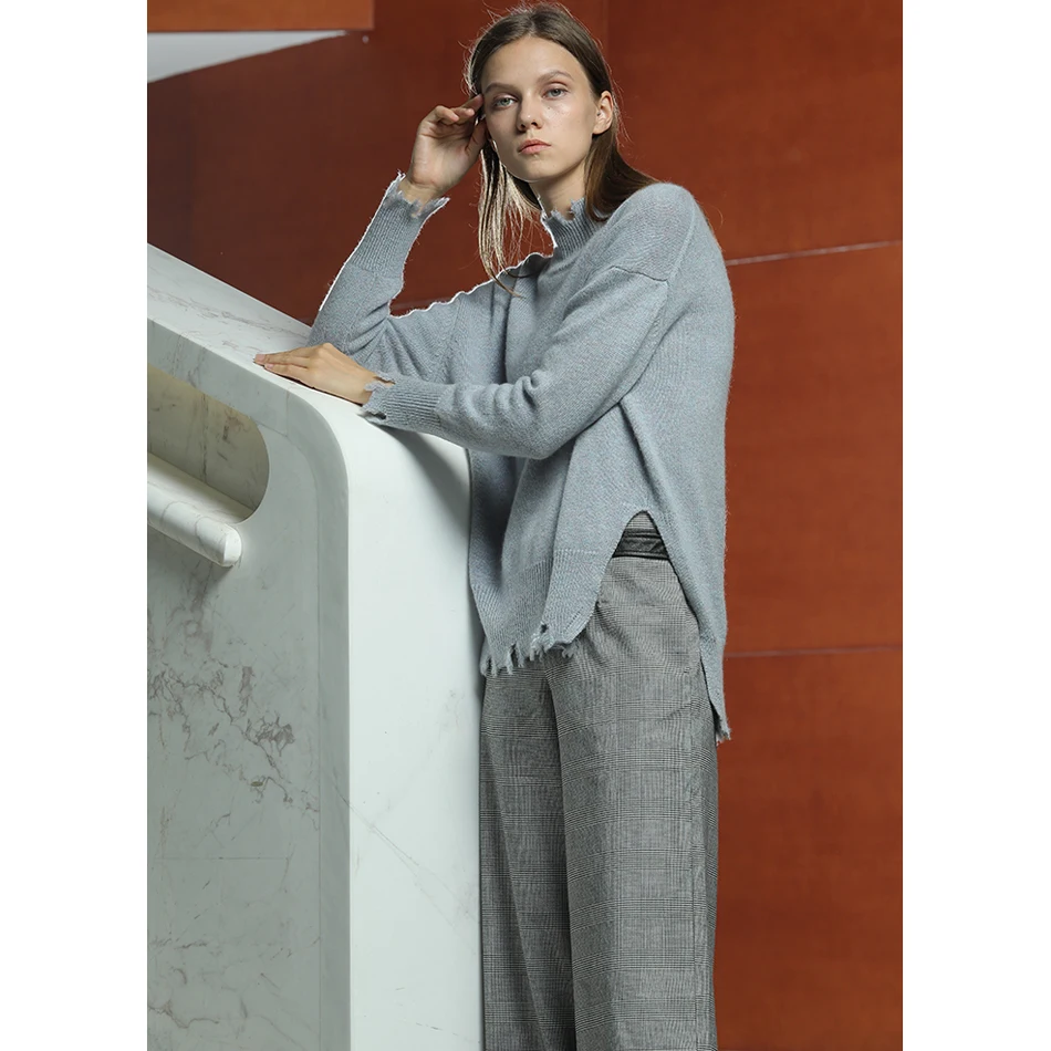 RONGFANGZI Inner Mongolian Cashmere Sweater Women Beautiful Trim Dropped Shoulder Side Slit Spring Autumn 12 Gauge Knit Slava