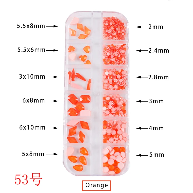 NO.53 Orange mix 12Grids Mix shape Fluorescence Nail rhinestone Flatback Glass Round Nail Art Rhinestone 3D Glitter Diamond Jewelly stone - Color: NO.53 Orange mix
