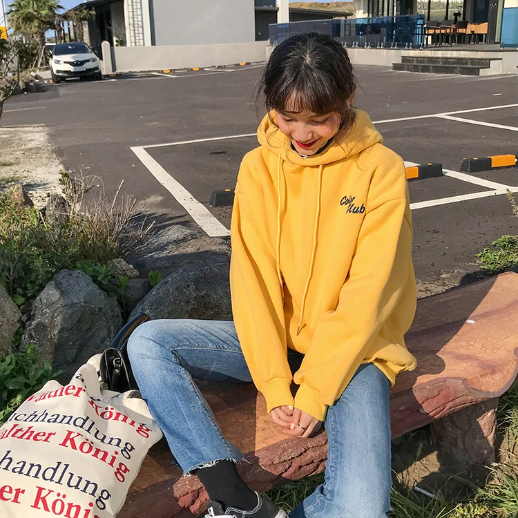 Новинка Ulzzang, осень и зима, одноцветная толстовка, простая толстовка, свободная толстовка с капюшоном, толстовка с вышивкой, толстовка с длинным рукавом, худи на флисе, толстовка с капюшоном, толстовка на флисе