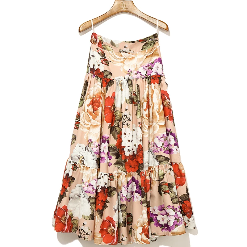 LD LINDA DELLA Fashion Runway Summer Skirt Women Peony Flower Print Pleated Vintage Stylish   Party Skirts