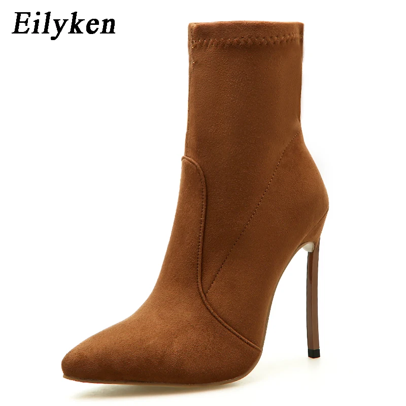 Eilyken/; пикантные сапоги-носки со змеиным принтом; женские ботильоны из эластичной ткани с острым носком на высоком каблуке; женские полусапожки; Цвет Зеленый - Color: Brown