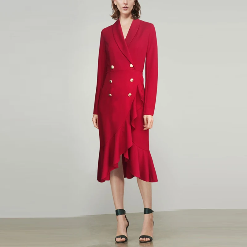 2019 осенняя одежда для женщин с отложным воротником модное двубортное платье