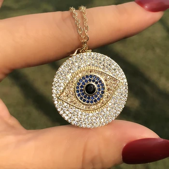 

Luxury lucky Turkish Evil eye Pendant Necklace For Women Micro Pave Full Cubic Zirconia Gold color Blue Greek eye Amulet Jewelry