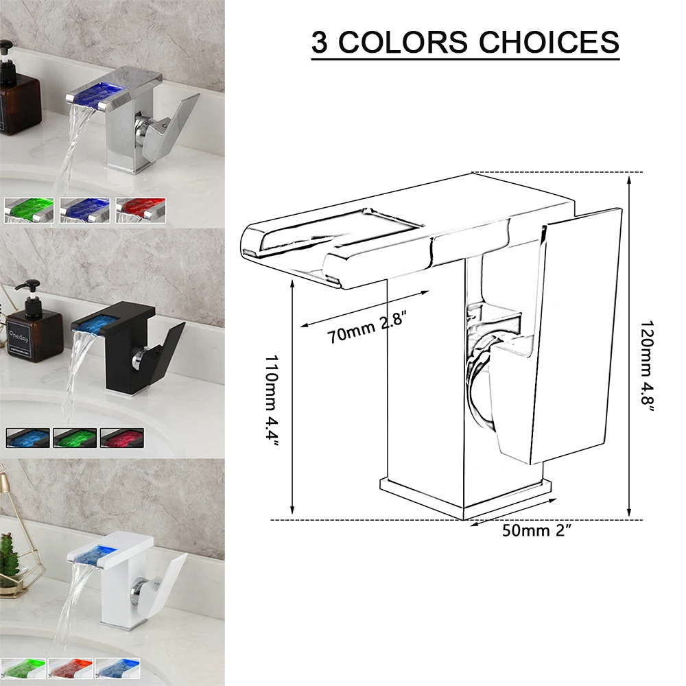 LED Waterfall Bathroom Basin Faucet Wash Sink Mixer Tap Faucet White & Black Deck Mount Solid Brass Water Power Basin Tap