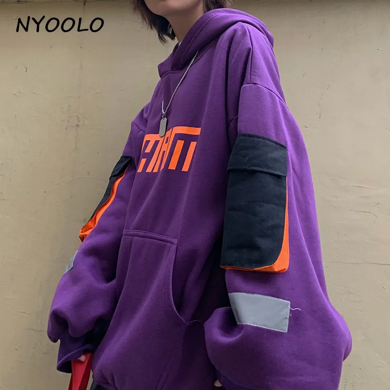 NYOOLO Harajuku дизайн с буквенным принтом большие карманы Лоскутная функция карго толстовки осень зима плюс бархат с капюшоном пуловеры толстовка женская мужская одежда топы