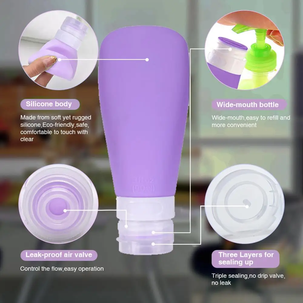 purple 3 шт., 60 мл, 90 мл, силиконовая многоразовая бутылка, бутылка для шампуня для путешествий, лосьон, дорожный Упаковочный пресс, бутылки, портативный косметический контейнер - Цвет: purple