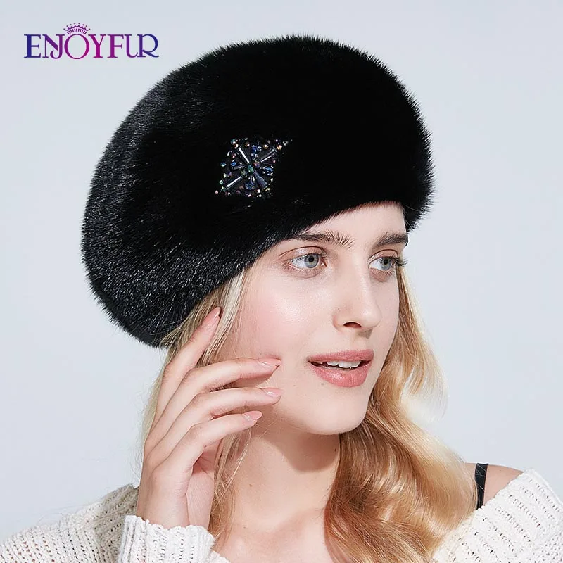 Женский берет из меха норки ENJOYFUR теплая Русская Шапка цельного на зиму |