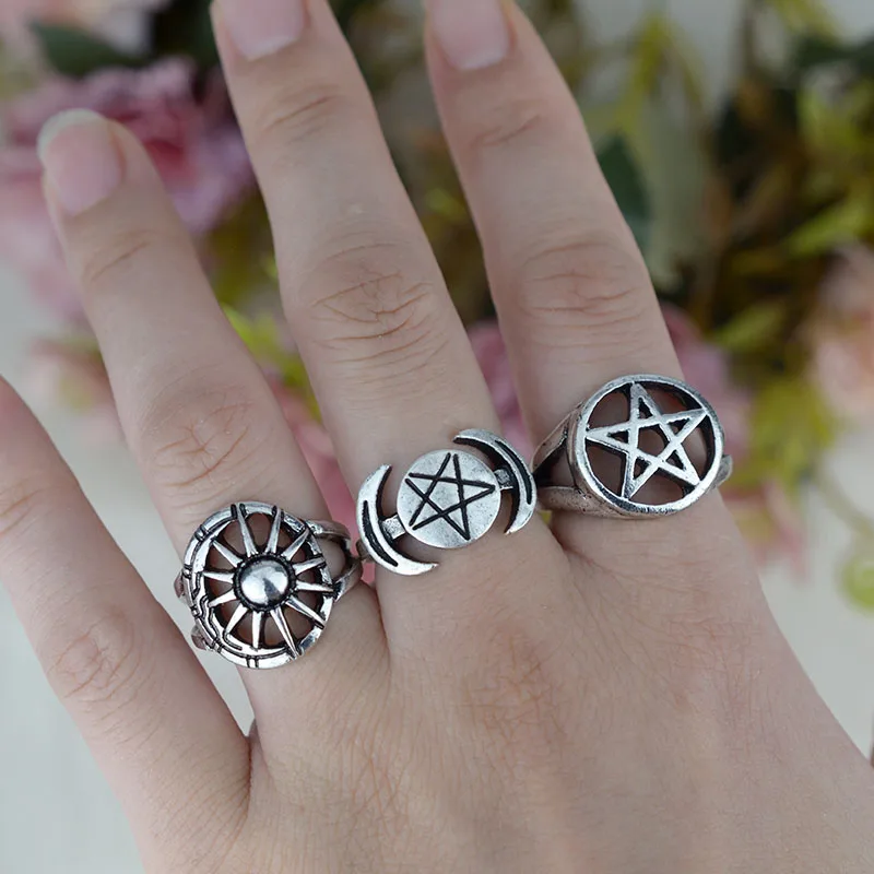 Wicca кольца с пентаграммой для женщин регулируемое готическое панк кольцо |
