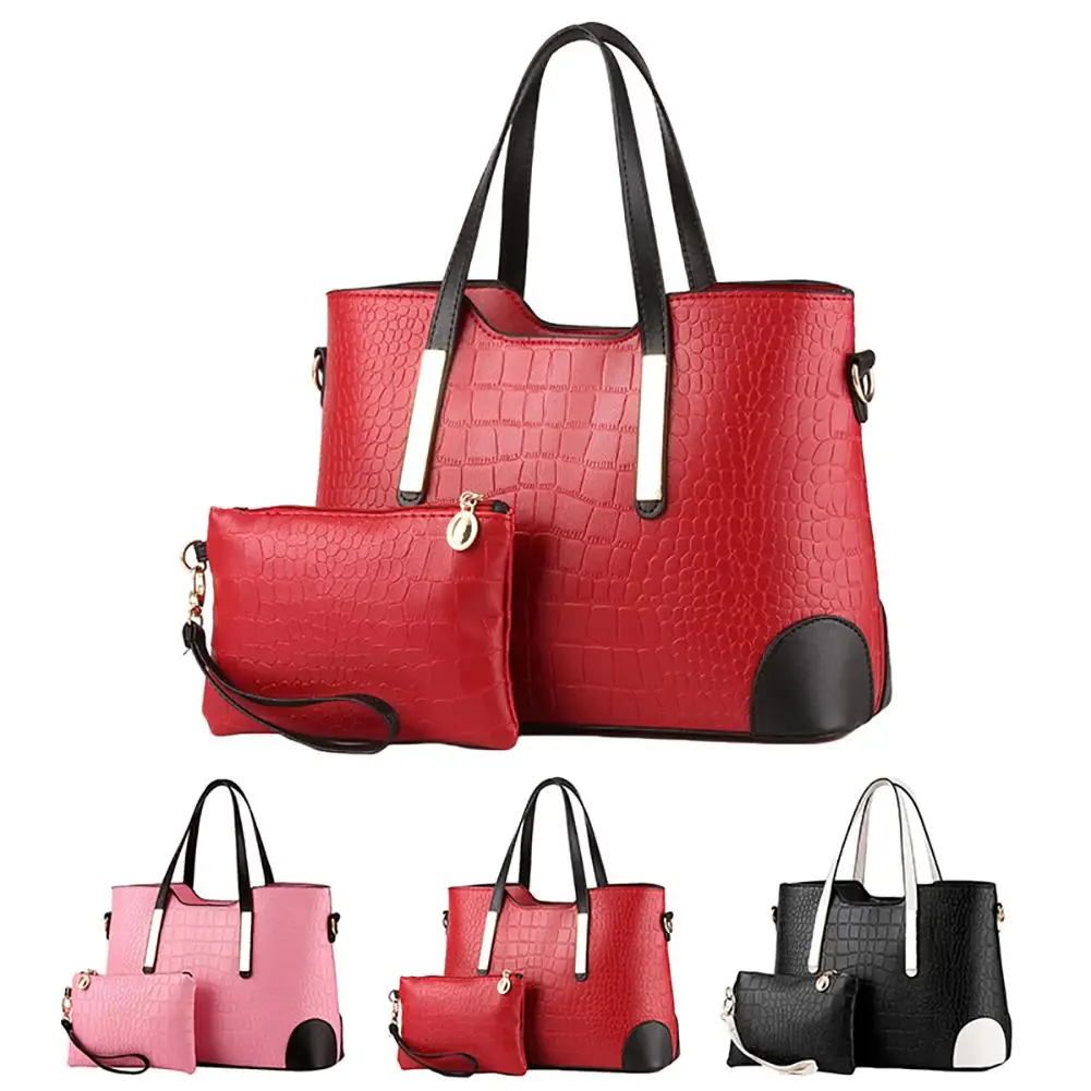 

2Pcs/Set Woman Bag Set Solid Color Fashion Female Faux Leather luxury Shoulder Crossbody Tote Bag Handbag Designer