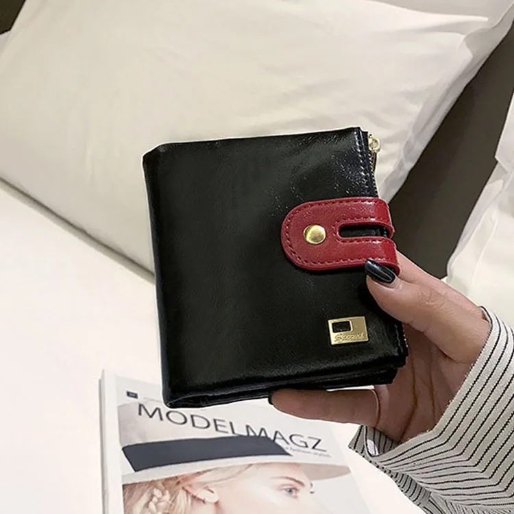 JIULIN Ретро Вощеная кожа 30% короткий женский кошелек с двойной молнией - Цвет: Черный