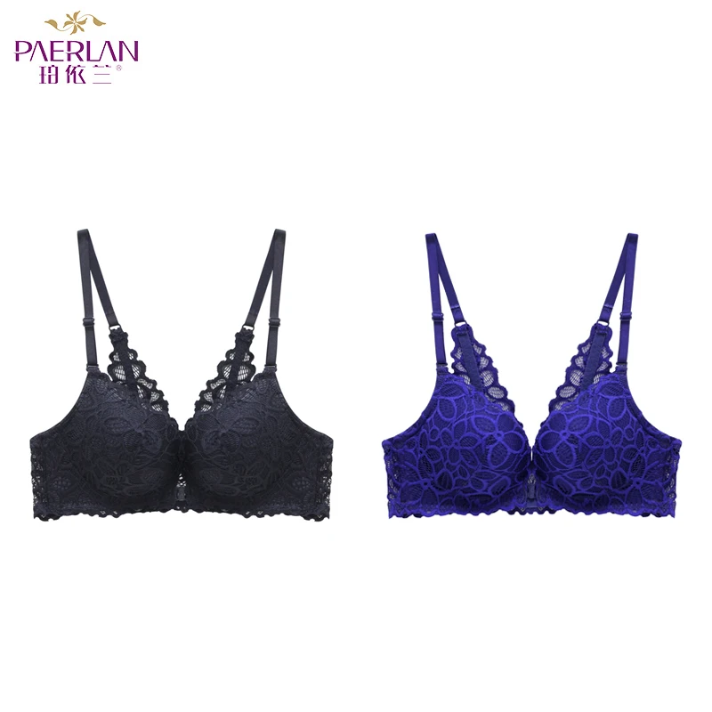 Black Navy blue PAERLAN 【Two-piece】 Передняя Пряжка Сексуальная кружевная сторона красота сзади женский бюстгальтер маленькая грудь собран без ободков нижнее белье - Цвет: Black Navy blue