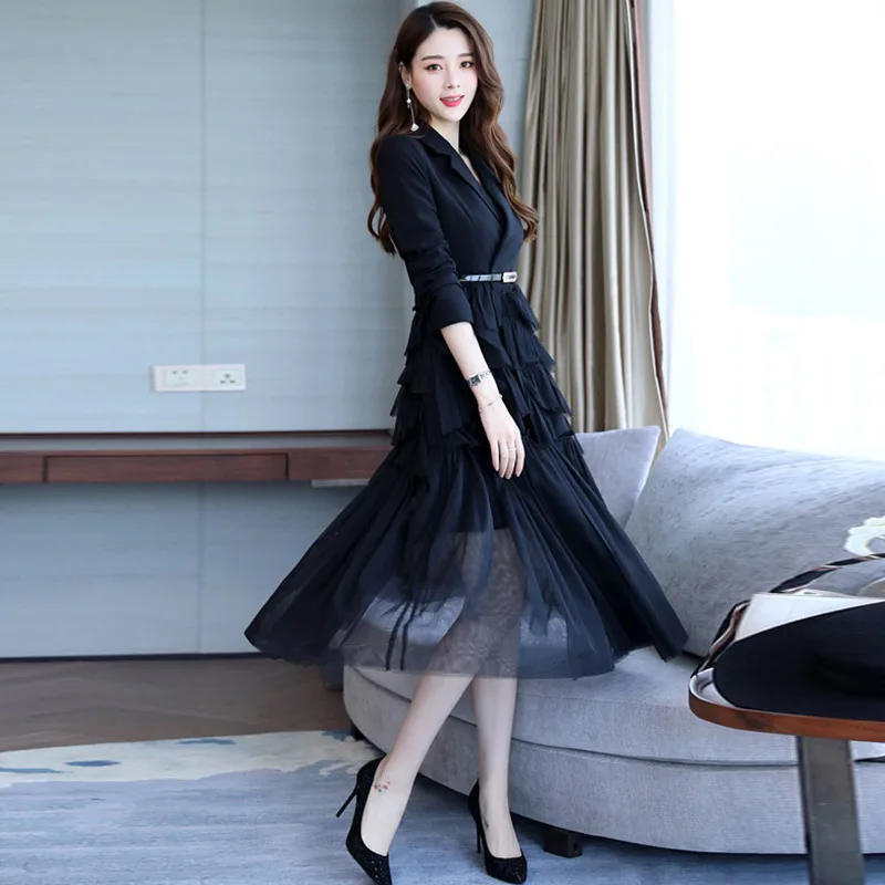

Fashionable Small Suit Spell Yarn New Style 2018 Autumn Mid-length Slim Fit Slimming Joint Gauze Ladies' Dress Fashion