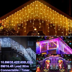 10.8M LED Icicle Lights Christmas Decoration Curtain Fairy Lights + 5M Lead Wire 72 Drops Holiday Lighting Party String Lights