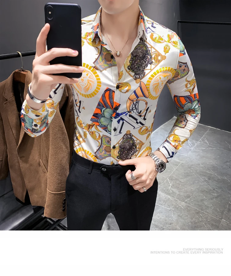 Зимние мужские хлопчатобумажные рубашки Slim Fit Fancy Printed с длинным рукавом мужская одежда с цветочным принтом мужские дизайнерские рубашки