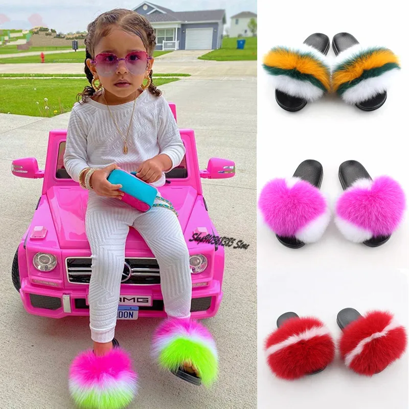 

Children's Fluffy Fox Fur Slippers Girl's Fashion Cute Soft Furry Slides Kids Outdoor Beach Flip Flops Colorful Plush Sandals