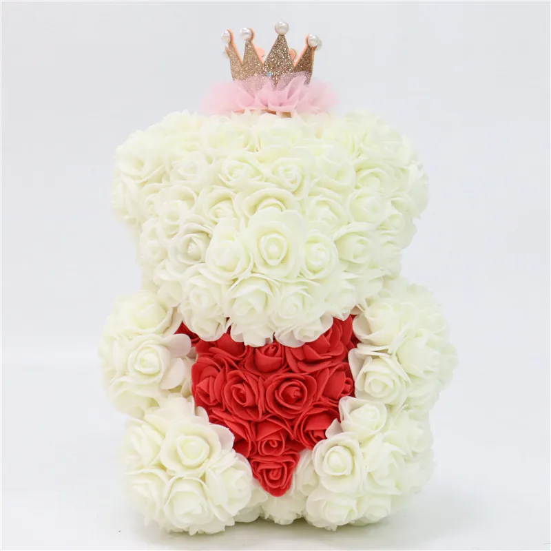 White and red 28 см Корона Сделай Сам плюшевый медведь Роза+ коробка Искусственные из ПЭ цветок медведь Роза День Святого Валентина подарок для подруги женщины жена мать день - Цвет: White and red