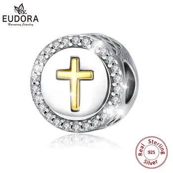 

EUDORA Sterling Silver gold color cross bead pendant charm Women Jewelry Making good luck Charms Fit for Silver Bracelet Z126