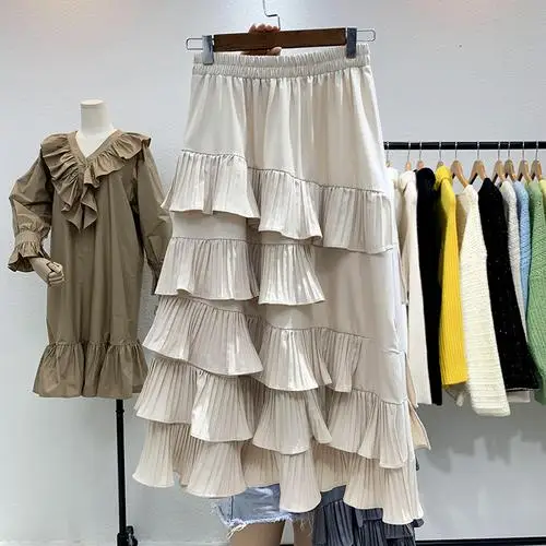 Autumn Korea Fashion Women High Waist Asymmetrical Ruffles Long Skirt All-matched Casual Sweet Pleated Skirts S321 - Цвет: Beige