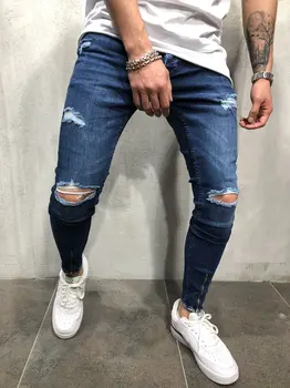 

OLOME Brand Men's Dark Blue Ripped Hole Denim Skinny Stretch Jeans Fashion Streetwear Men Casual Pencil Jean Pants